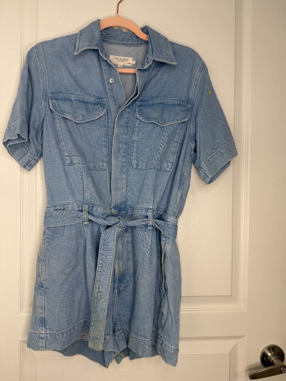 NWOT Rag & Bone Denim Utility Romper- XS- Blue Belted Short Sleeve- MSRP $398 - Picture 5 of 15